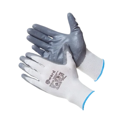 Перчатки из белого нейлона с серым нитриловым  покрытием