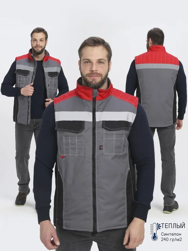 Жилет утепленный Вектрон СОП (тк.Смесовая,240), серый/черный/красный