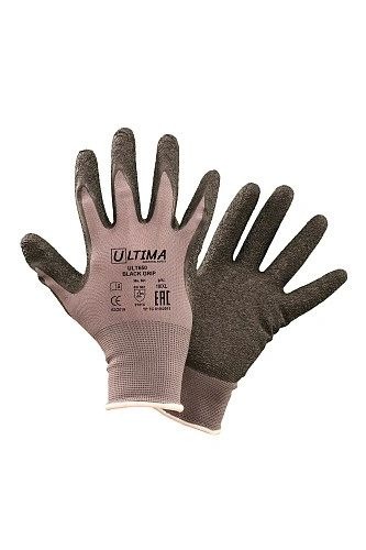 Перчатки рабочие нейлоновые Ultima ULT650 "Вlack Grip" с латексным текстурированным покрытием цвет серый