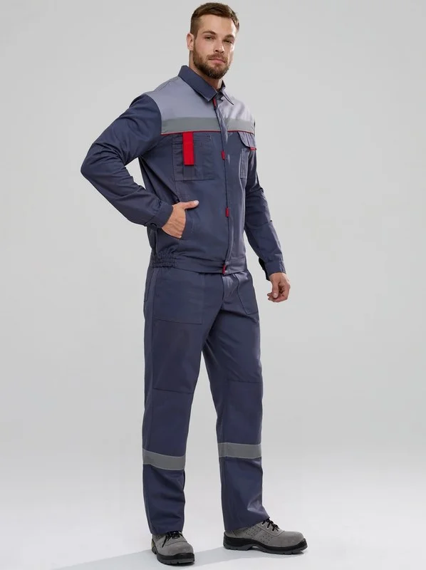 Костюм Флофт-1 СОП (тк.Саржа,250) брюки, т.серый/св.серый/красный