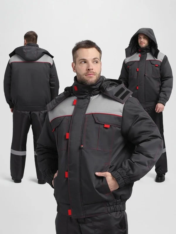 Куртка зимняя укороченная Флофт Премиум (тк.Смесовая,240), т.серый/св.серый/красный