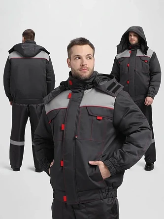 Куртка зимняя укороченная Флофт Премиум (тк.Смесовая,240), т.серый/св.серый/красный