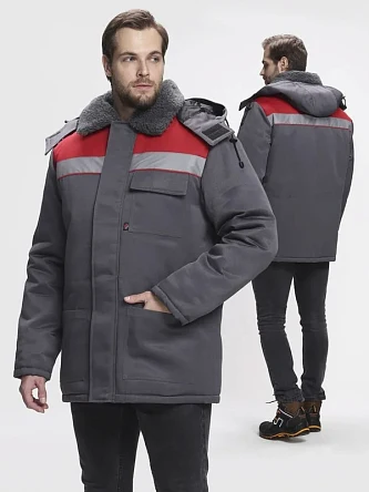 Куртка зимняя для бригадира (тк.Смесовая,210), т.серый/красный